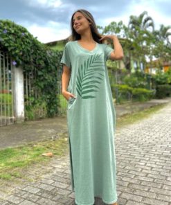 Vestido Longo Fendas Folha Verde Alecrim