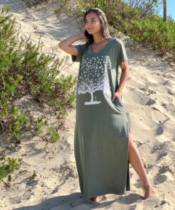 Vestido Longo Fendas Árvore Pássaros Verde Musgo