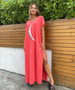 Vestido Longo Fendas Lua Crescente Coral